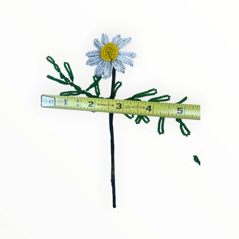 Vintage French Beaded Daisy Flowers 11 Stems Seed Bead Handmade Floral Decor